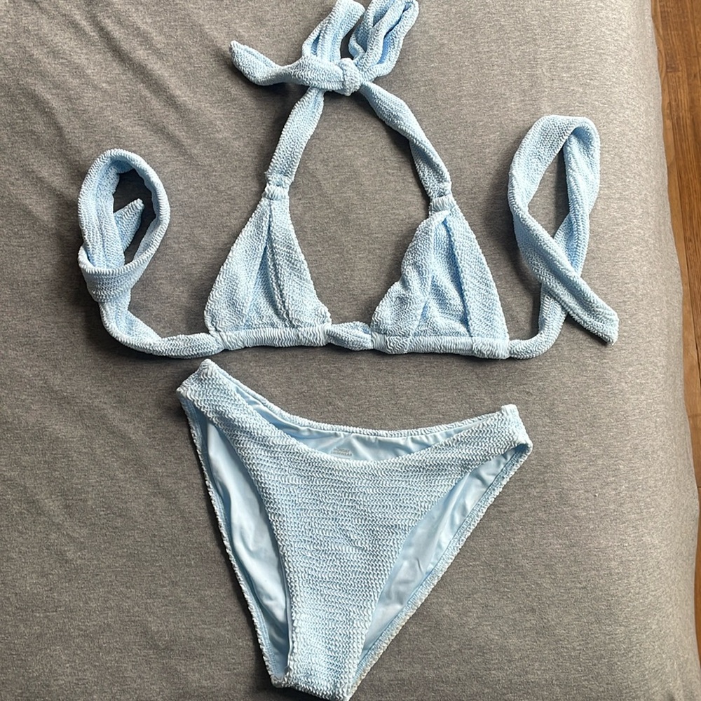 Monday Swimwear (Morocco top and Seychelles bottom) set in Sea Mist Crinkle